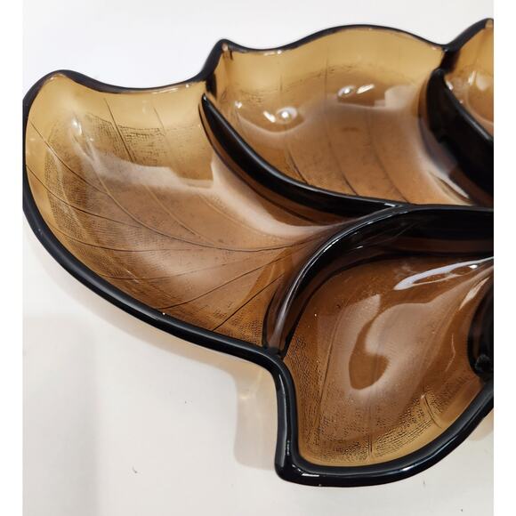 Vintage Amber Glass Leaf Divided Serving Dish 13" Mid Century Retro Leaf Tray - Picture 5 of 7